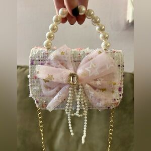 NEW Micro Mini Bag Pink & White Tweed & Lace Bow Pearl Top Handle Pastel Two-Way